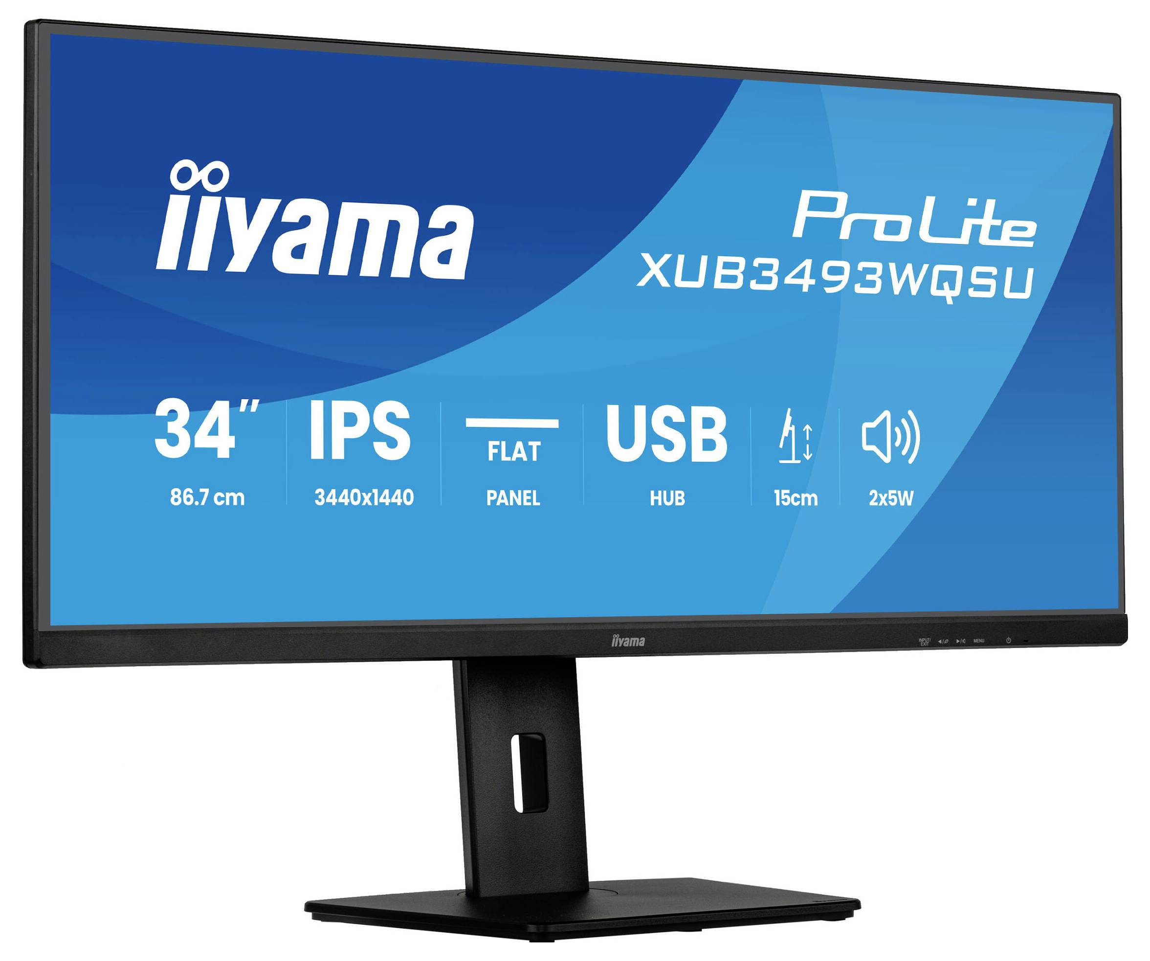 Ein Breitbild-Monitor mit Spezifikationen: '34" IPS, flaches Panel, 3440x1440 Auflösung, USB-Hub, 15 cm Höhenverstellung, 2x5W Lautsprecher.'
