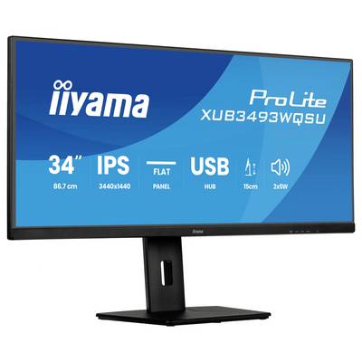 Ein Breitbild-Monitor mit Spezifikationen: '34" IPS, flaches Panel, 3440x1440 Auflösung, USB-Hub, 15 cm Höhenverstellung, 2x5W Lautsprecher.'