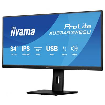 34-Zoll-Monitor mit Flachbildschirm und IPS-Technologie, ausgestattet mit USB-Hub, Neigungsverstellung von 15 cm und integrierten 2x5W-Lautsprechern.