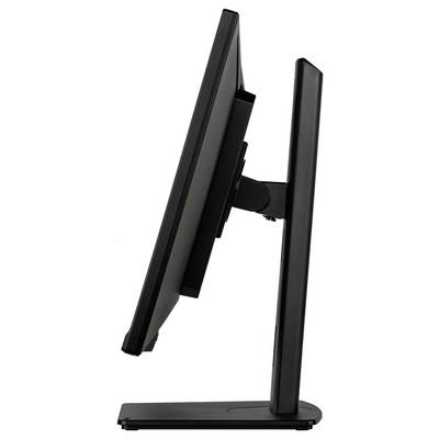 Ein schwarzer Computermonitor, von der Seite betrachtet, der sein schlankes, modernes Design und Ständer zeigt.