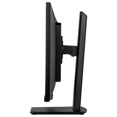 Seitenansicht eines schlanken schwarzen Computermonitors auf einem Ständer, der sein elegantes Design zur Geltung bringt.