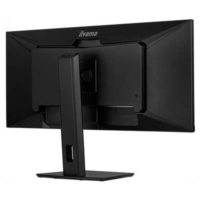 Ein schwarzer Computermonitor mit dem Markennamen in der oberen Mitte, von hinten gezeigt, auf einem stabilen Ständer montiert.