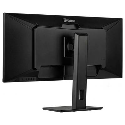 Rückansicht eines schwarzen Iiyama-Computermonitors mit Ständer, die Bedienknöpfe an der Seite und eine rechteckige Halterung zeigend.