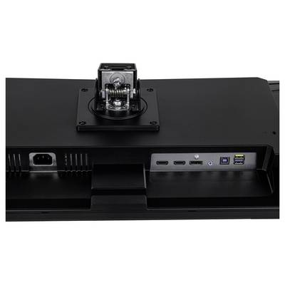 Rückansicht eines Monitors, die Anschlüsse einschließlich zweier HDMI-Ports, eines DisplayPort, eines USB Type-C und einer Stromanschluss zeigt, wobei die Halterung sichtbar ist.