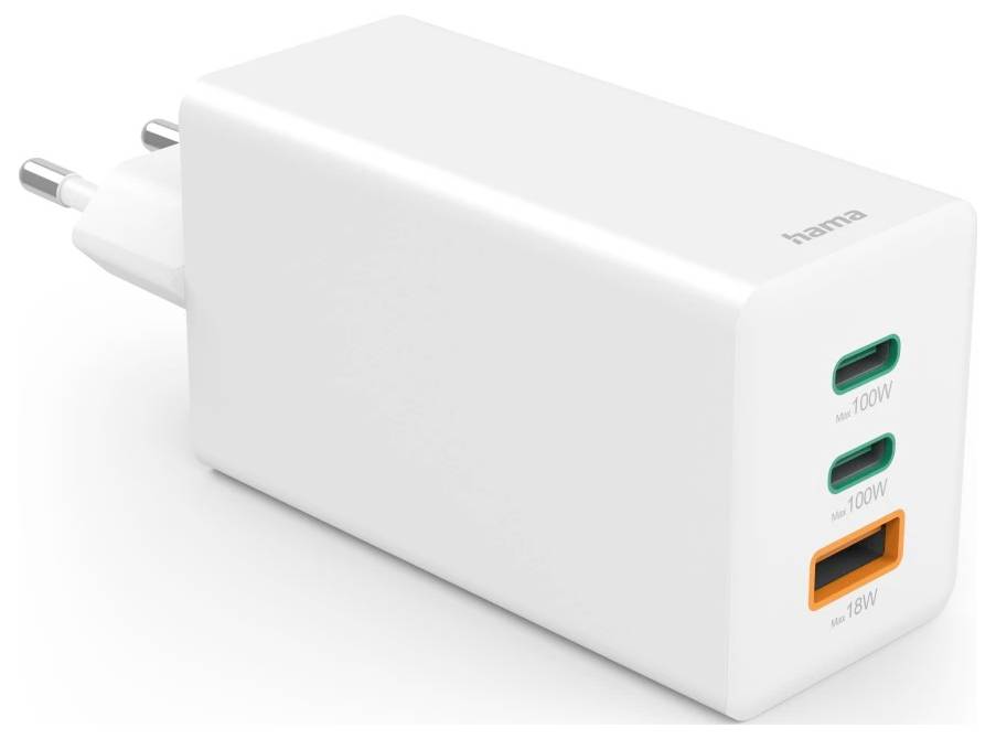 hama 00201997 Schnellladegerät, GaN, 2x USB-C, 1x USB-A, Mini-Ladegerät, PD, 100 W, Weiß-1
