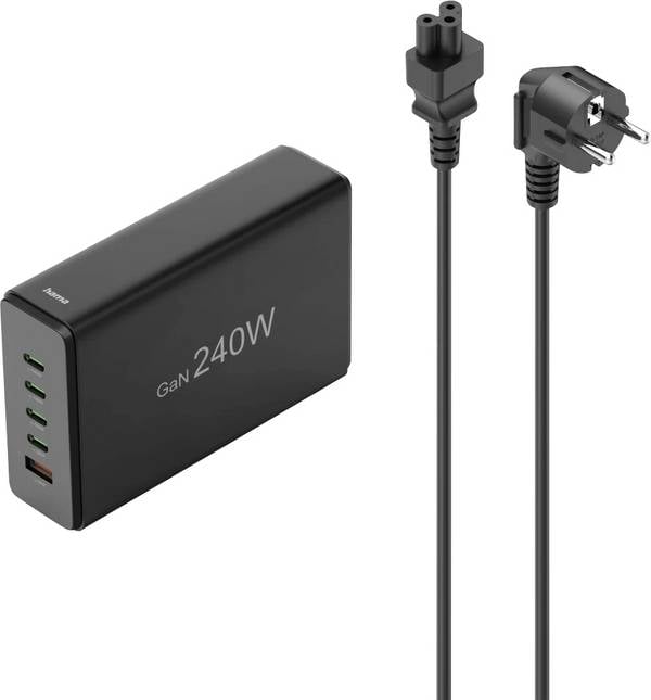 hama 00201977 USB-Ladestation 5 Ports, GaN, Schnellladegerät, 4xUSB-C, 1xUSB-A, PD, 240 W