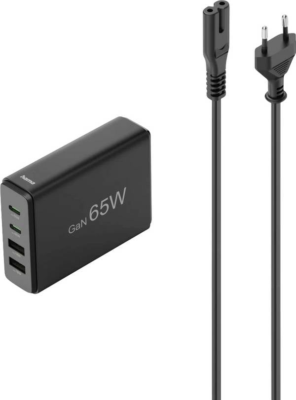 hama 00201979 USB-Ladestation 4 Ports, GaN, Schnellladegerät, 2xUSB-C, 2xUSB-A, PD, 65 W