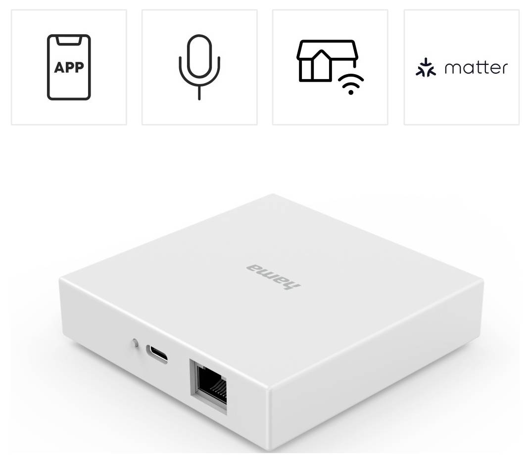 Ein weißer Smart-Home-Hub mit USB- und Ethernet-Anschlüssen. Symbole darüber zeigen App-Steuerung, Sprachassistent-Kompatibilität, WLAN und Matter-Unterstützung.