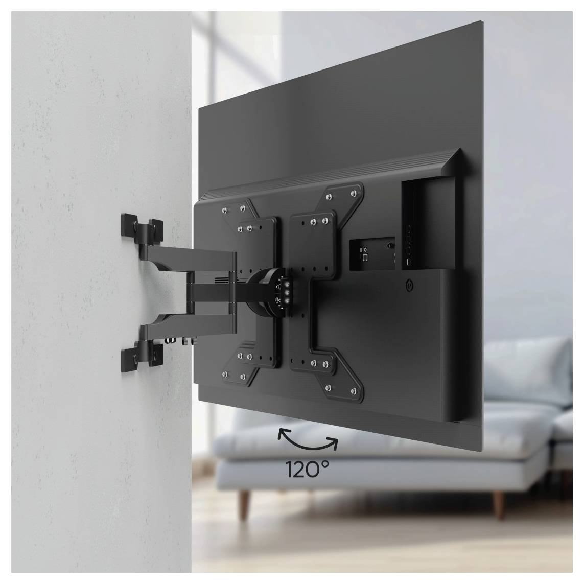 Ein an einer Wandhalterung montierter Flachbildfernseher mit 120-Grad-Schwenkfunktion. Die Einrichtung ermöglicht flexible Betrachtungswinkel in einer Wohnzimmereinstellung.
