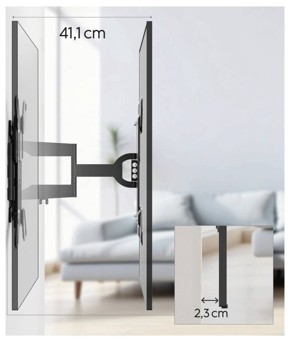 Ein Seitenansicht-Diagramm zeigt eine Flachbild-Fernseher-Wandhalterung, die 41,1 cm von einer Wand absteht. Die Vergrößerung zeigt die Halterung, die sich auf 2,3 cm zurückzieht.