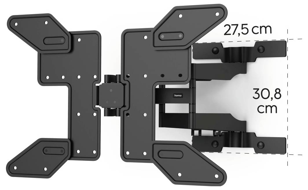 Verstellbare TV-Wandhalterung in Schwarz, ausgeklappt dargestellt und mit den Abmessungen 27,5 cm x 30,8 cm.