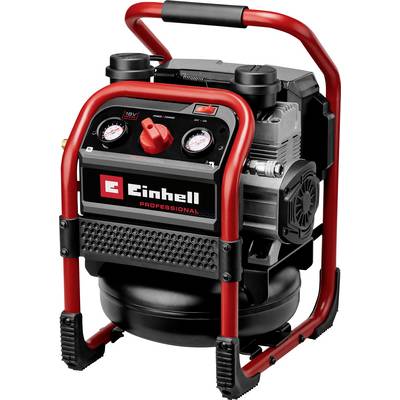 Tragbarer Einhell Professional Luftkompressor mit rotem Rahmen, Druckmessern, Regelknopf und Motoreinheit auf schwarzem Tank.