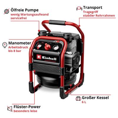 Produktgrafik einer ölfreien, leisen Einhell-Kompressor-Pumpe mit Tragegriff und 6-L-Kessel; Angaben: Arbeitsdruck bis 8 bar, wartungsfrei.<br>