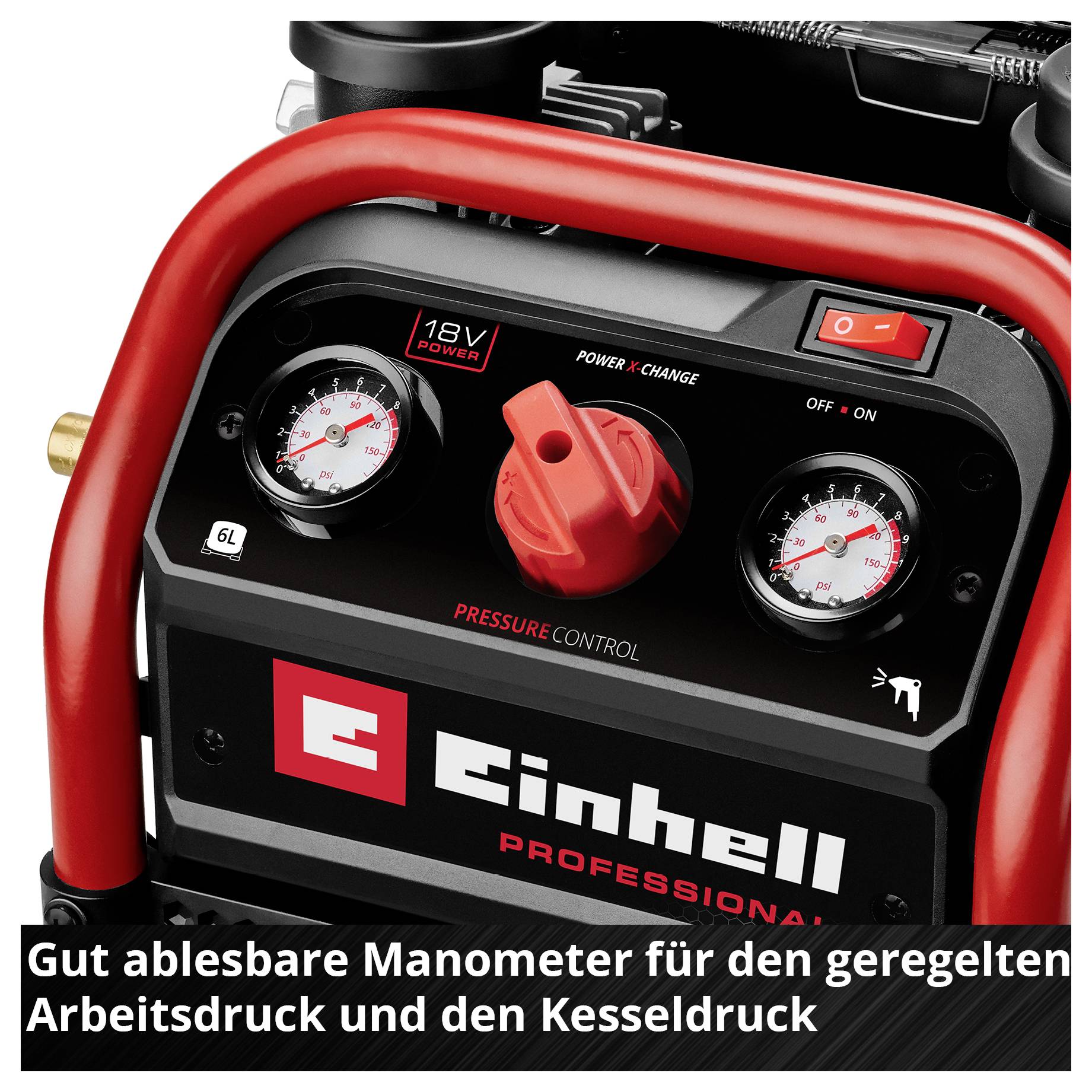 Bedienfeld eines Einhell-Pressluftkompressors mit zwei Manometern, rotem Tragegriff und Drehregler; Anzeige für Arbeits- und Kesseldruck.