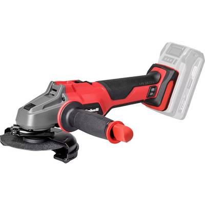 Eine kabellose Winkelschleifer mit Seitengriff, in einem rot-schwarzen Design, ohne angesetzten Akku dargestellt.