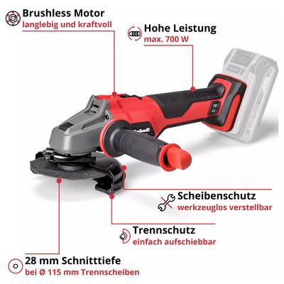 Kabelloser Winkelschleifer mit Brushless-Motor, hoher Leistung von max. 700 W, werkzeuglos verstellbarem Scheibenschutz und 28 mm Schnitttiefe.