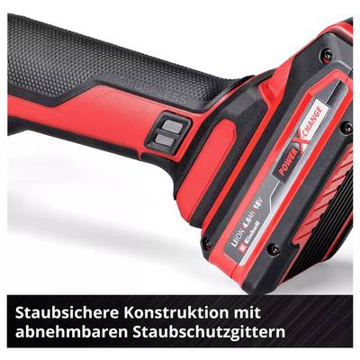 Ein roter und schwarzer Griff eines Elektrowerkzeugs mit der Aufschrift 'POWER X CHANGE' und 'Staubsichere Konstruktion mit abnehmbaren Staubschutzgittern'.