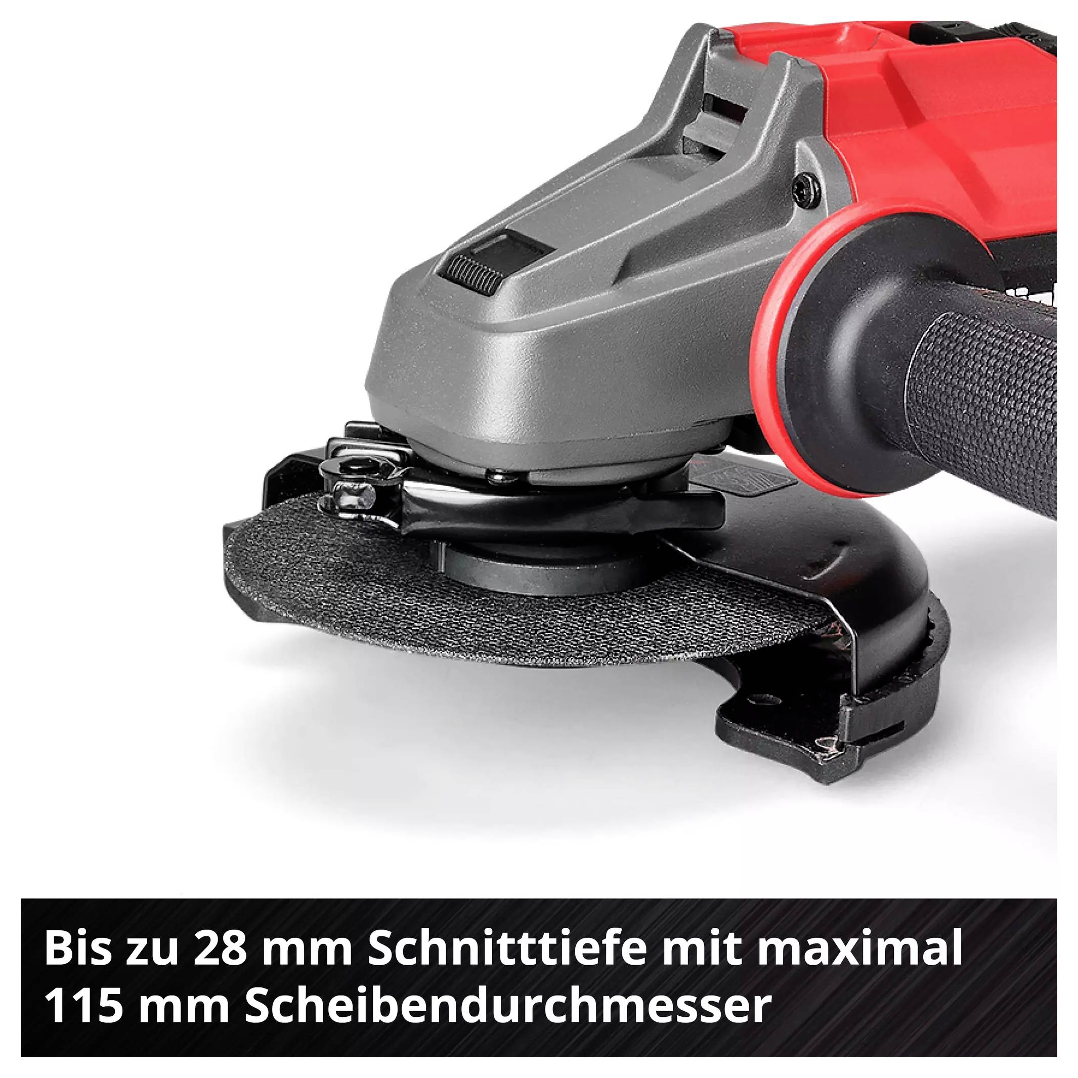 Ein Winkelschleifer mit rotem und schwarzem Griff. Text unten: 'Bis zu 28 mm Schnitttiefe mit maximal 115 mm Scheibendurchmesser'.