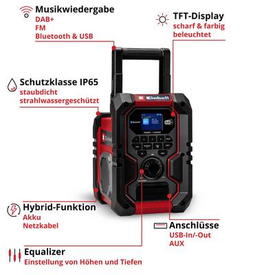 Einhell TE-CR 18 Li Akku-Radio DAB+, FM Bluetooth®, AUX, USB Rot/Schwarz-2