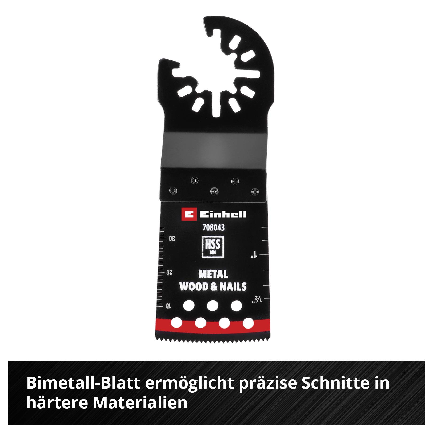 Bimetall-Sägeblatt von Einhell für präzise Schnitte in Metall, Holz und Nägel, geeignet für härtere Materialien.