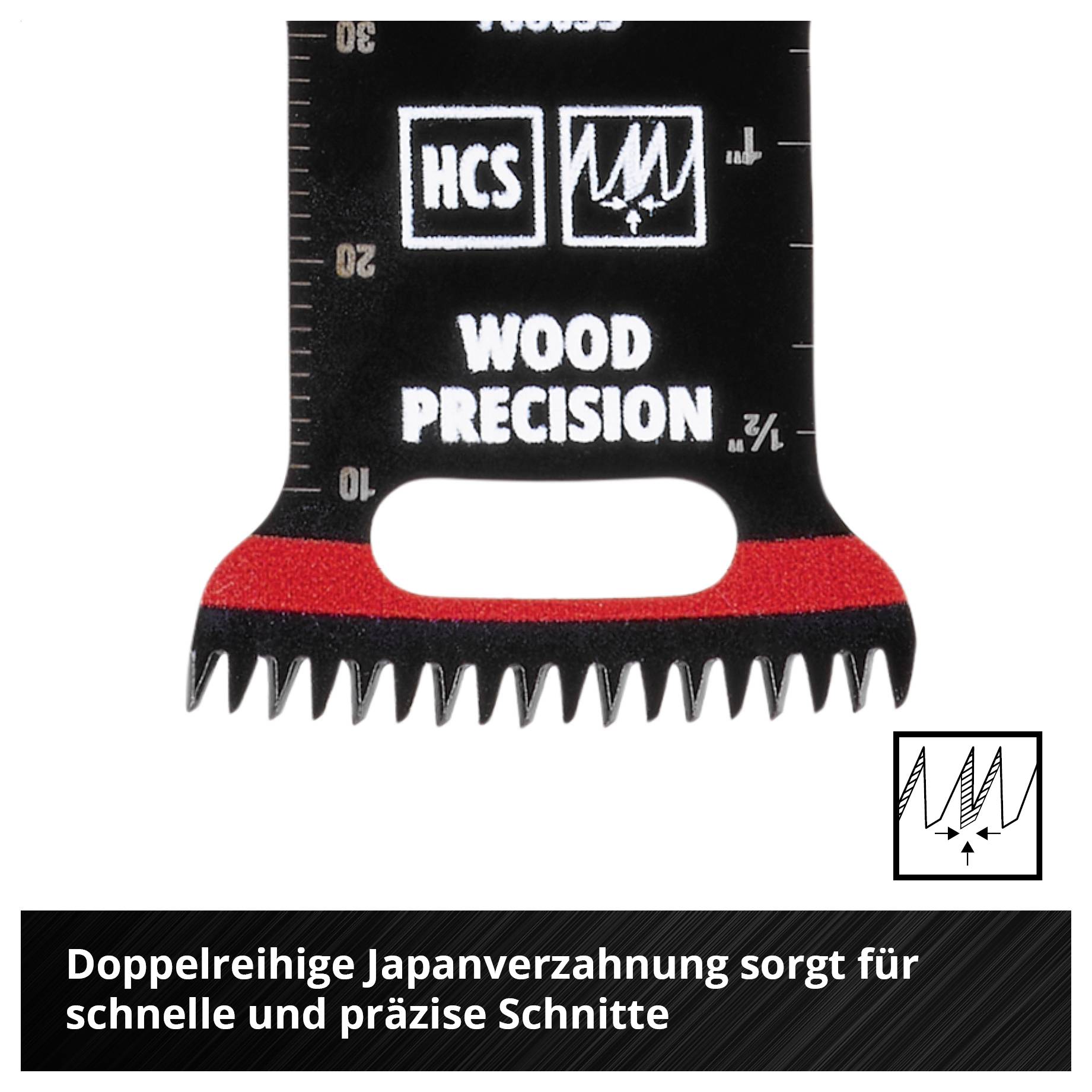 'Sägeblatt mit doppelreihiger Japanverzahnung für präzise Schnitte. Geeignet für Holz, mit HCS und PRECISION Markierung.'