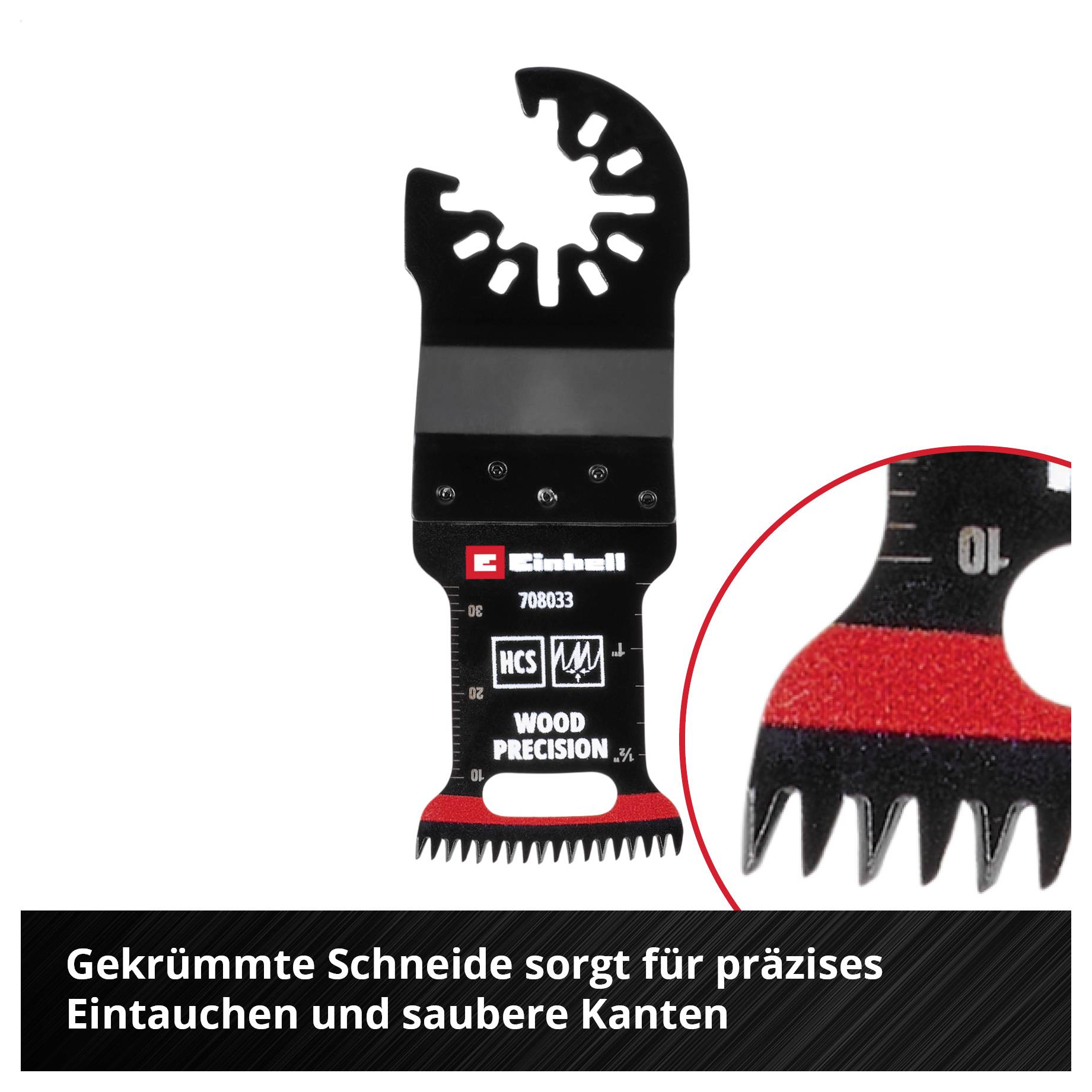 'Einschließlich Wood Precision-Sägeblatt mit gebogener Kante, ideal für präzises Eintauchen und saubere Schnitte in Holzmaterial.'