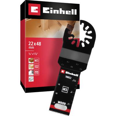 'Einhell HCS Sägeblatt, 22 x 48 mm, geeignet für Holz, zeigt Verpackung und Sägeblatt mit Quick-Change und PTFE Eigenschaften.'