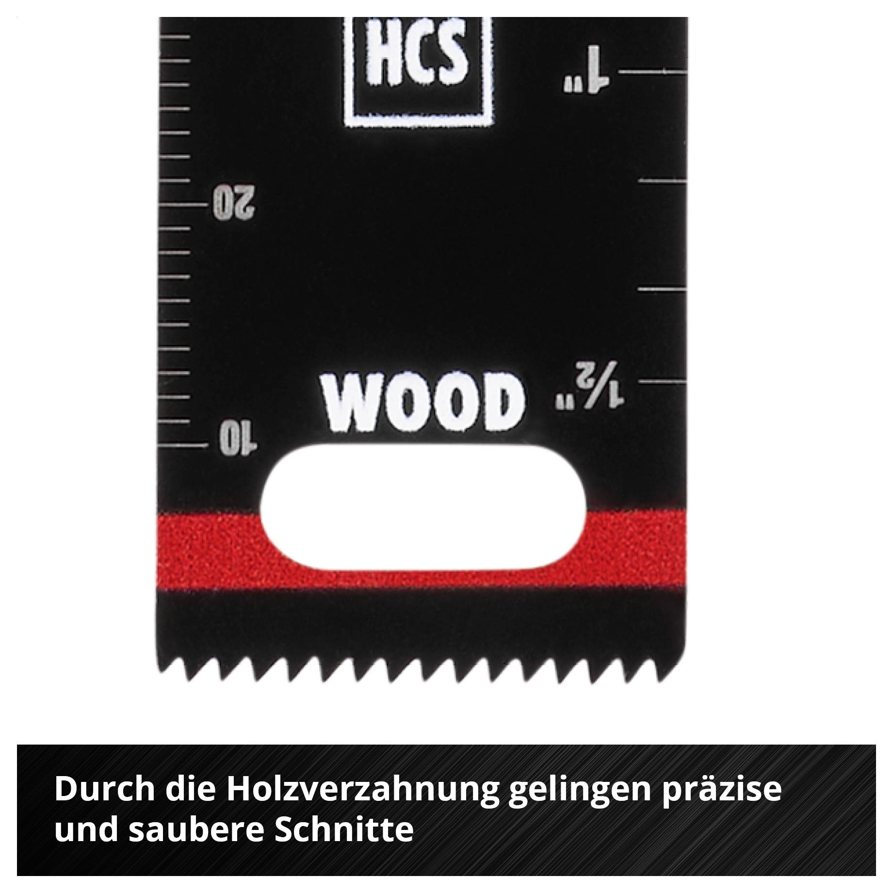 'Sägeblatt mit Holzverzahnung, Maßskala und Aufschrift "WOOD". Eignet sich für präzise und saubere Schnitte.'