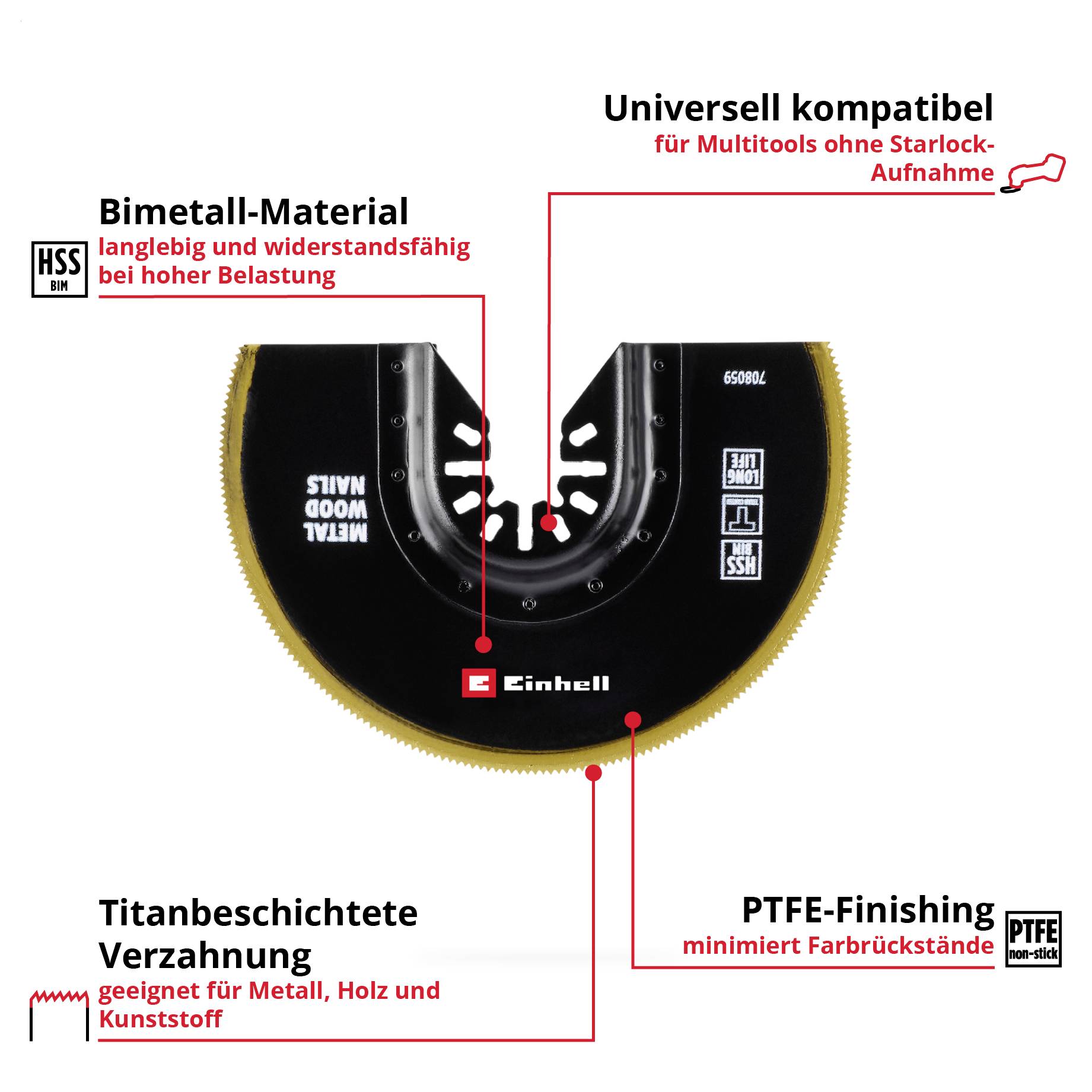 'Einhell Sägeblatt: Bimetall-Material mit titanbeschichteten Zähnen für Metall und Holz. Universell kompatibel, PTFE-Finishing minimiert Reibung.'