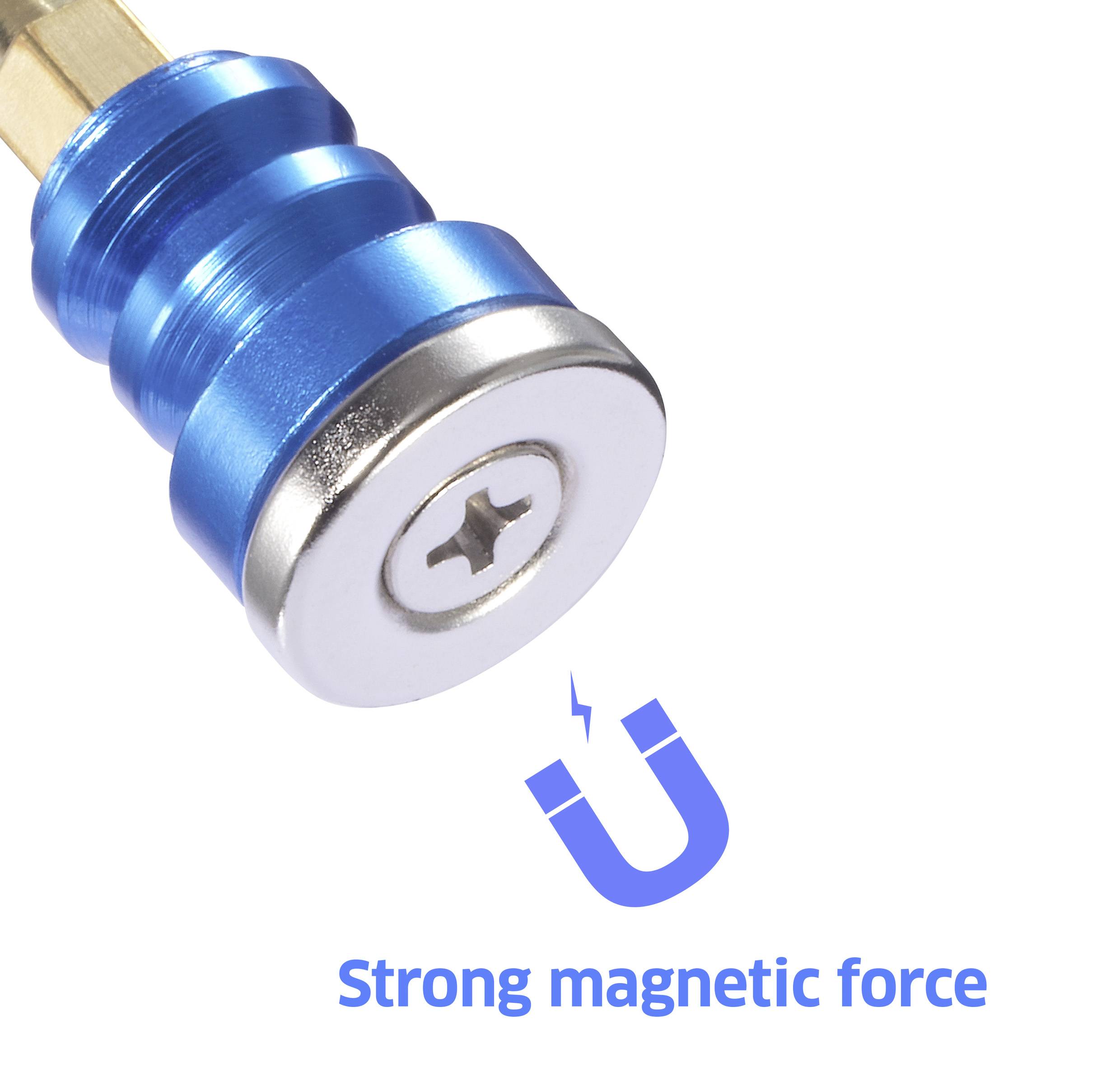 Ein blaues magnetisches Werkzeug mit einer metallischen Basis, das neben einem Magnetsymbol und dem Text "Starke magnetische Kraft" gezeigt wird.