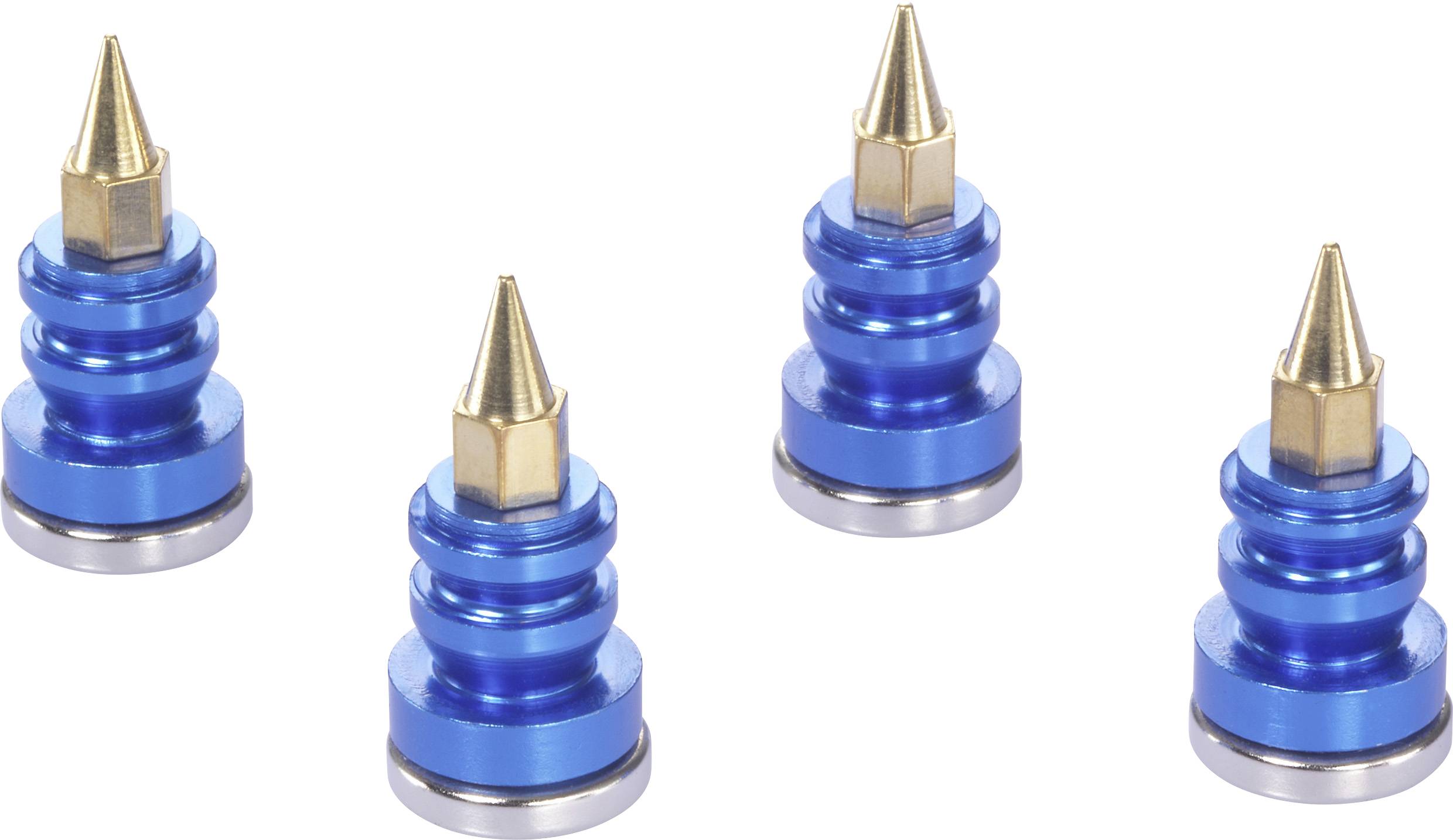 Vier blaue Aluminium-Spikes mit spitzen Enden, die zur Plattenspieler-Entkopplung verwendet werden, gleichmäßig vor einem weißen Hintergrund positioniert.
