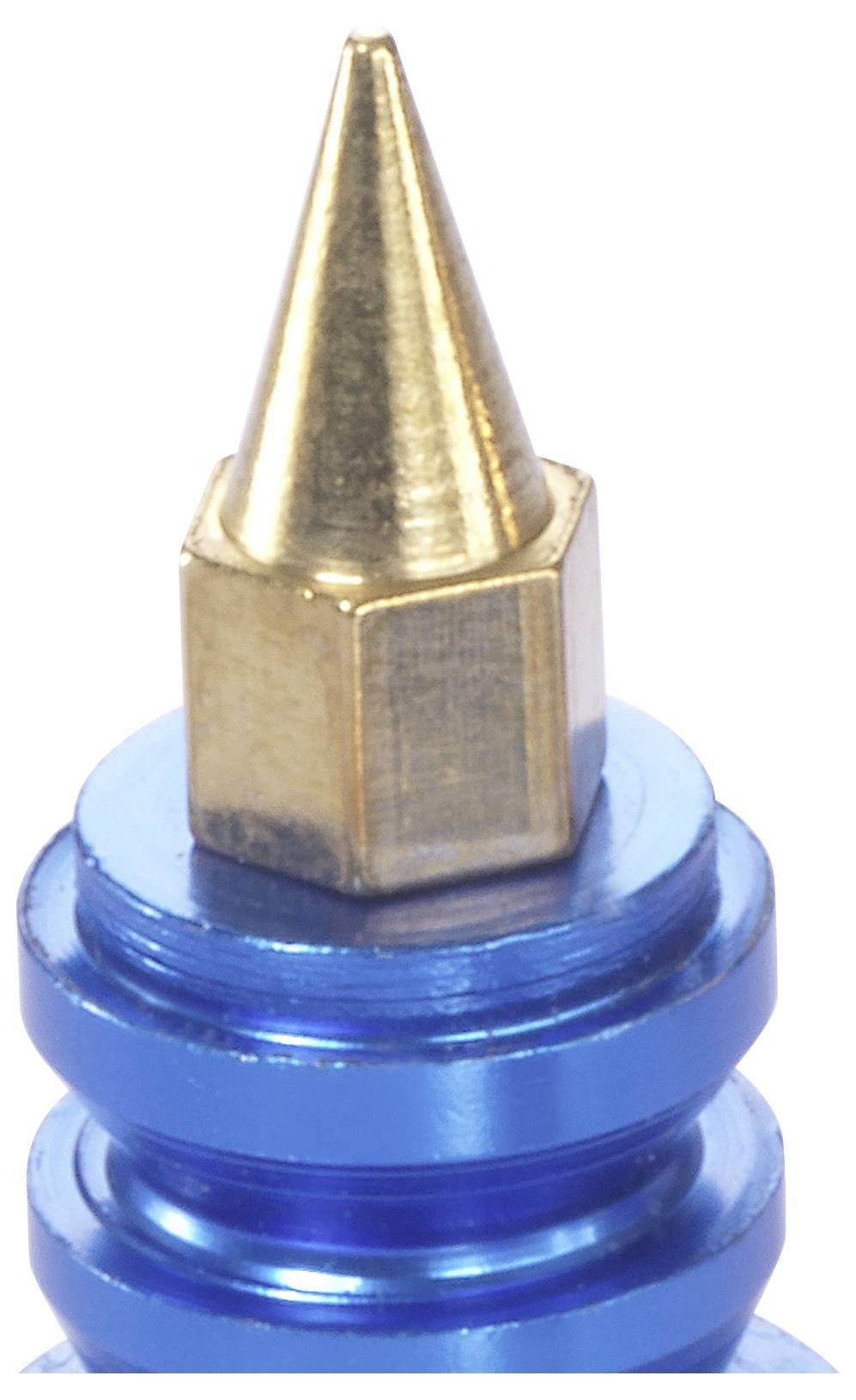 Eine Nahaufnahme einer blauen und goldenen Metalldüse mit einer spitzen Spitze, die höchstwahrscheinlich Teil eines Werkzeugs für präzise Anwendungen oder Reparaturarbeiten ist.