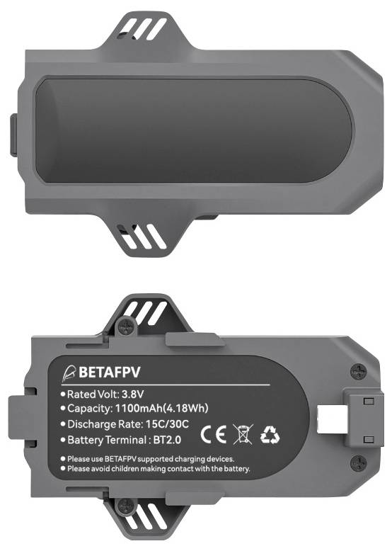 BETAFPV Drohnenakku mit Spezifikationen: Nennspannung 3,8V, Kapazität 1100mAh, Entladerate 15C/30C, Batterieanschluss BT2.0.