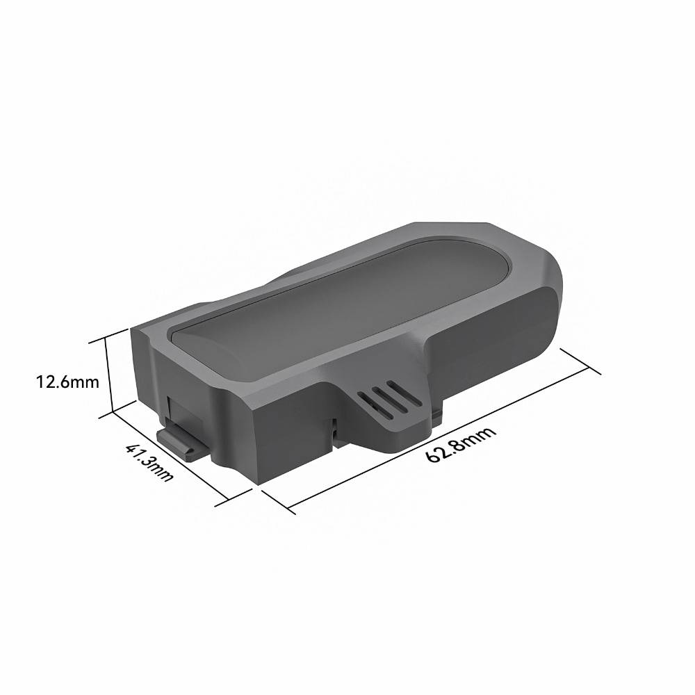 Ein rechteckiges schwarzes Gerät mit den Abmessungen: 41,3 mm Breite, 62,8 mm Länge und 12,6 mm Höhe.