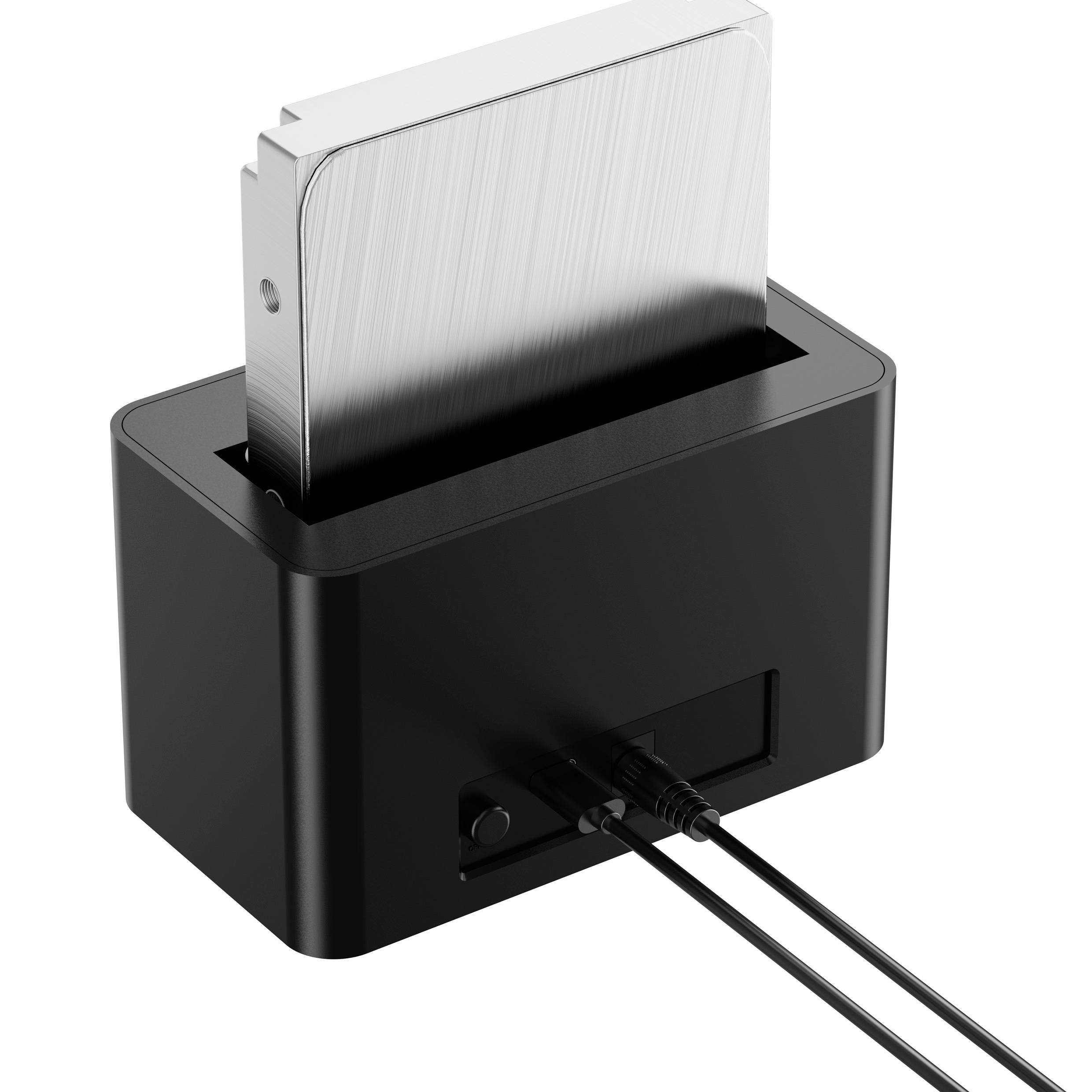 Eine schwarze externe Festplatten-Dockingstation mit zwei eingesetzten Metallgehäusen für Laufwerke und zwei Anschlusskabeln an der Rückseite.