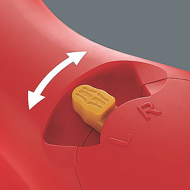 Ein roter Autositz-Kopfstütze mit einem verstellbaren beigen Knopf, der mit einer „R"-Beschriftung versehen ist und eine Verstellung auf der rechten Seite anzeigt.