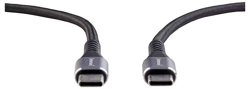 Zwei USB-C-Kabel mit silbernen Anschlüssen an beiden Enden, vor einem neutralen Hintergrund positioniert.