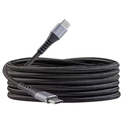 Ein aufgerolltes schwarzes USB-C-Ladekabel mit verstärkten Anschlüssen an beiden Enden.