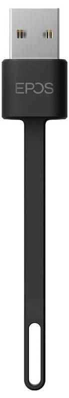 Ein schwarzer EPOS USB-Dongle mit einer länglichen Schlaufenstruktur, entwickelt für Konnektivität, auf einem neutralen Hintergrund.