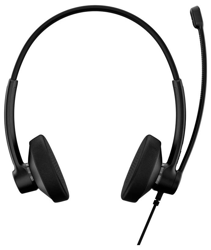 Ein schwarzes Headset mit einem Mikrofon an der rechten Seite, ausgestattet mit zwei gepolsterten Ohrhörern und einem Verbindungskabel.