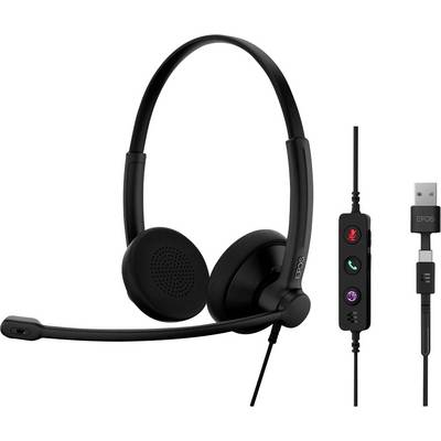 Ein schwarzes Headset mit Mikrofon und Inline-Bedienungselementen, ausgestattet mit Lautstärke- und Stummschaltungstasten, und einem USB-Verbindungskabel.