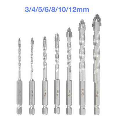 Ein Satz von sieben Bohrern in verschiedenen Größen, gekennzeichnet mit 3, 4, 5, 6, 8, 10 und 12 mm, die für unterschiedliche Bohranforderungen konzipiert sind.