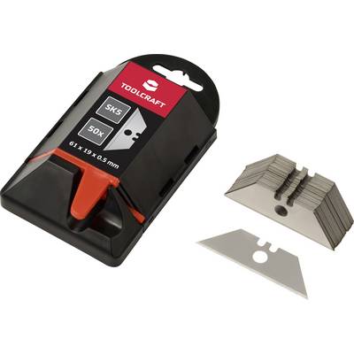 Eine schwarze und rote Packung mit der Aufschrift „TOOLCRAFT" enthält 50 SK5-Utility-Klingen, von denen jede 61 x 19 x 0,5 mm misst. Eine Klinge ist separat abgebildet.
