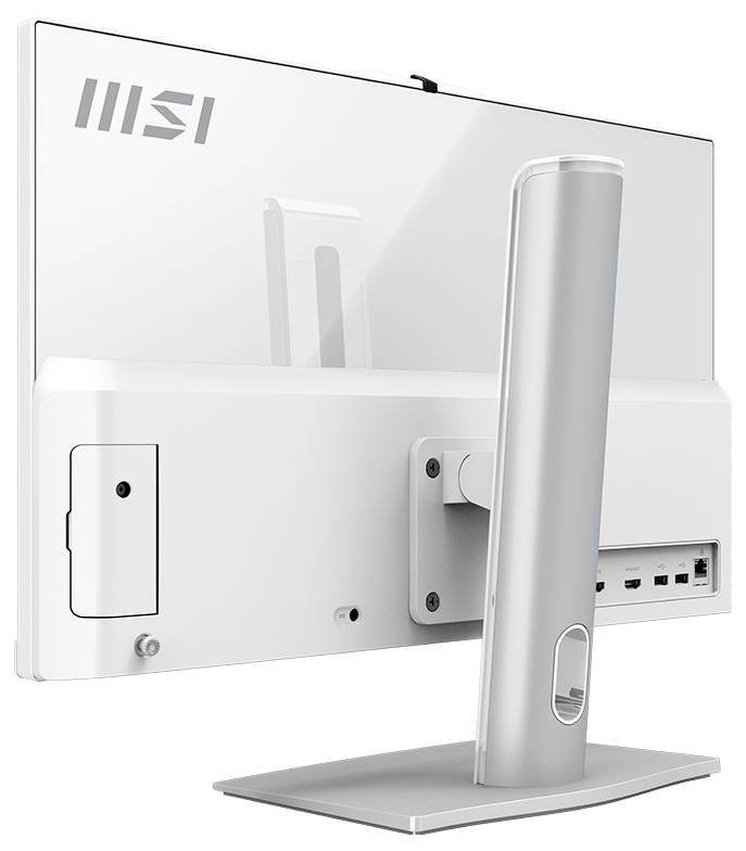 Das Bild zeigt die Rückansicht eines weißen MSI All-in-One-Computers. Er verfügt über einen silbernen Ständer, mehrere Anschlüsse und ein MSI-Logo.