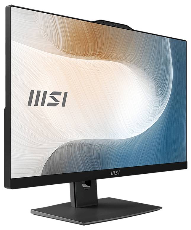 Ein schlanker MSI-Monitor mit dünnem Rahmen, der auf dem Bildschirm ein Gradientenwirbel-Design in Blau- und Beigetönen zeigt.