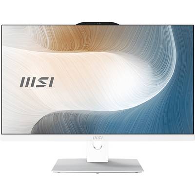 MSI All-in-One PC auf einem schlanken Monitor mit minimalen Bildschirmrändern, ausgestattet mit einem weißen Frontständer und abstraktem Wirbeldesign auf dem Display.
