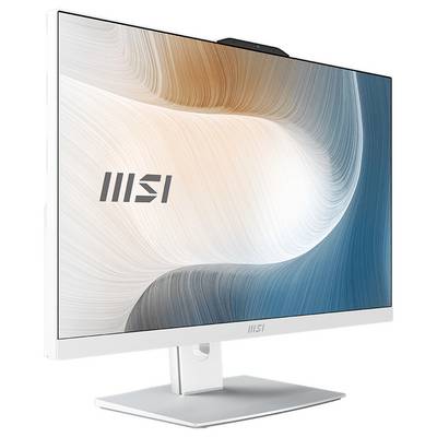 Ein MSI All-in-One-Computer mit elegantem Design und einem großen Display, das ein wirbelndes abstraktes Muster in Beige- und Blautönen zeigt.