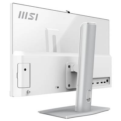 Ein weißer Computermonitor, von hinten betrachtet, der sein minimalistisches Design und seinen Ständer mit dem Markenloge in der oberen linken Ecke präsentiert.