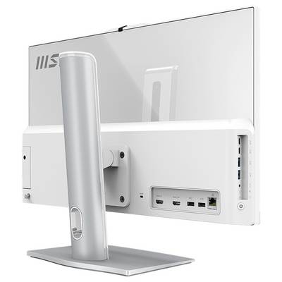 Ein schlanker, moderner Computermonitor, von hinten betrachtet, mit seinen Anschlüssen und einem verstellbaren silbernen Ständer.