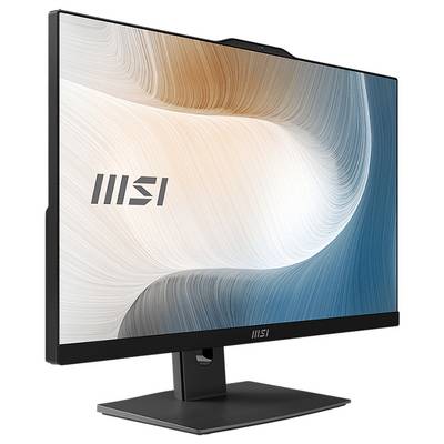 Ein schlanker Computermonitor mit dünnen schwarzen Bildschirmrändern, auf dem ein abstraktes Wellendesign und das 'MSI'-Logo in der Mitte zu sehen ist.